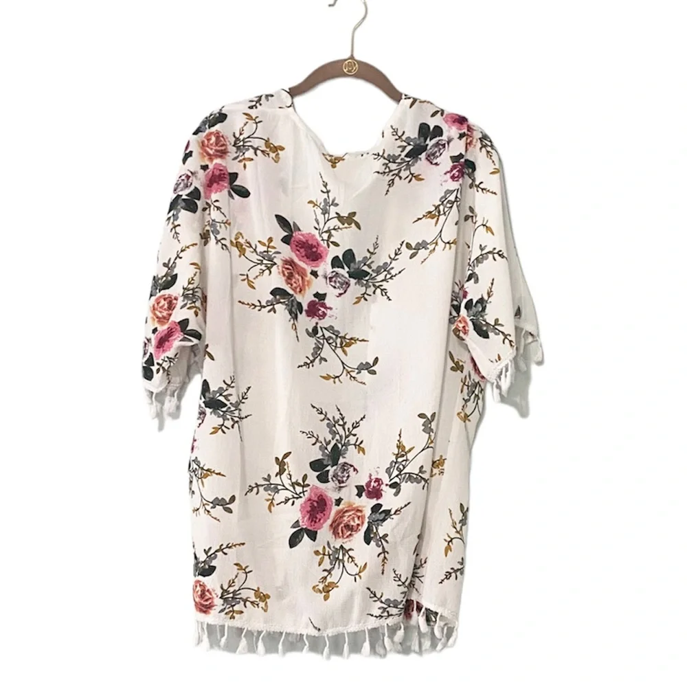 Floral Kimono Cardigan - White with multicolor flowers - Picture 3 of 6